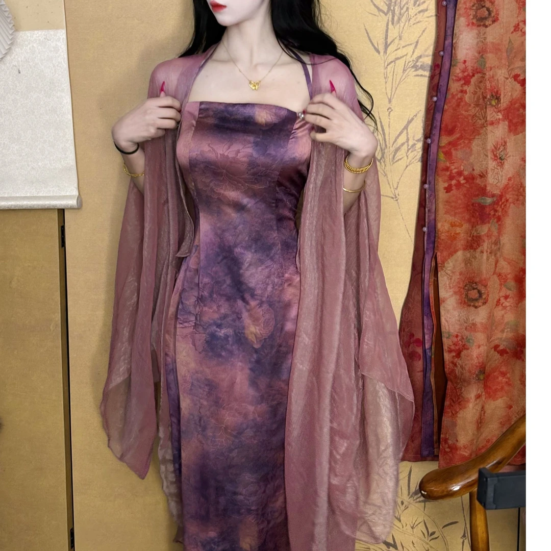 LHMknk1画报夫人原创提花缎面晕染吊带连衣裙  炊烟紫吊带裙