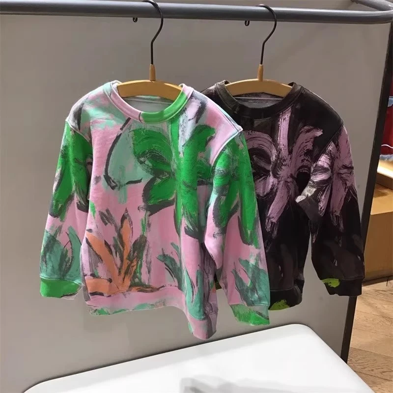 现货童装定制春秋季新款男女潮范涂鸦休闲圆领卫衣个性运动风上衣