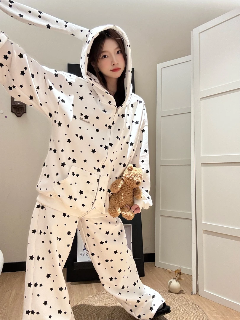 【DMXJ大梦想家】韩系可爱兔耳连帽睡衣女夏季新款星星家居服套装夏