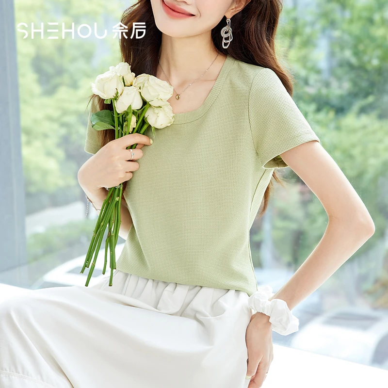 佘后方领百搭显瘦T恤女绿色短袖透气宽松简约上衣