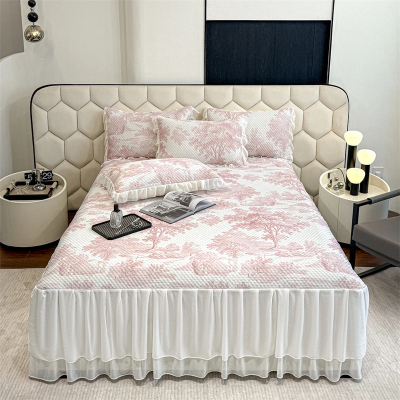 冰豆豆凉席床裙蕾丝花边公主风床罩单件夏季冰丝席三件套可机水洗