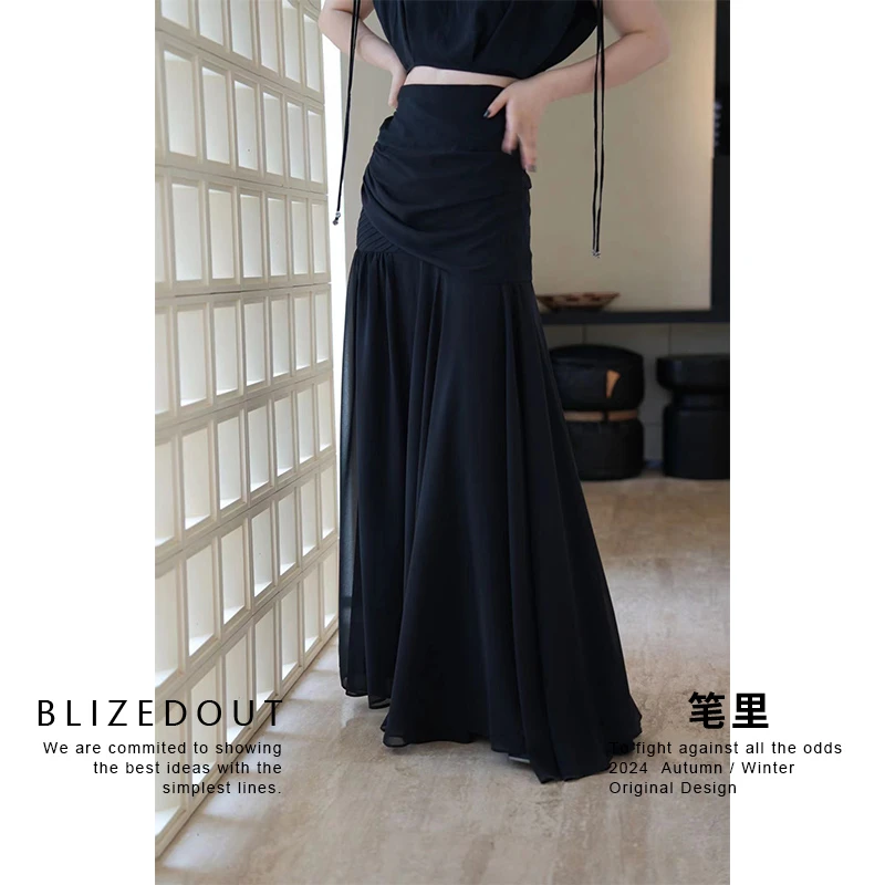 笔里【BLIZEDOUT】独立设计黑色不规则堆叠褶皱垂感半身裙4032707