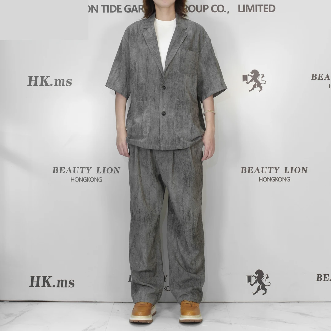 2025H·K美狮潮牌时尚夏季做旧复古风短袖西装领百搭休闲套装