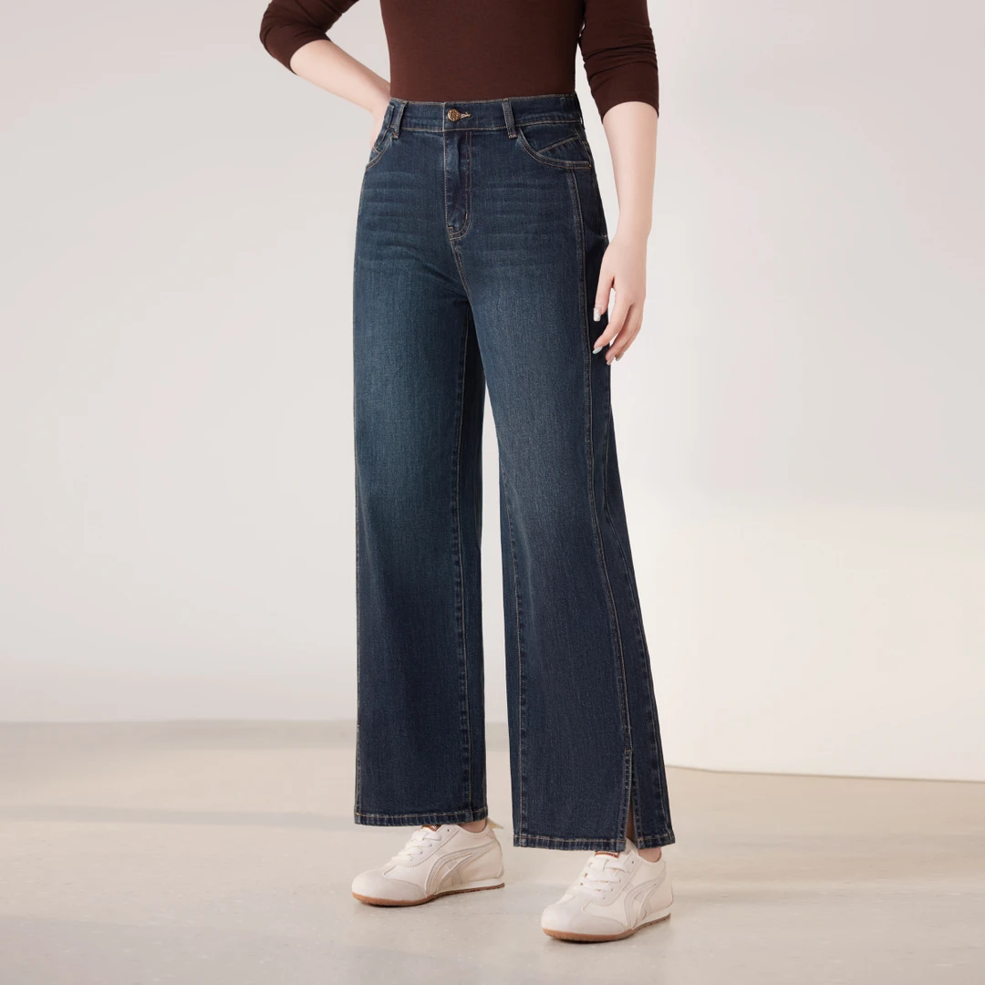 【科技升级#双芯纱】MsShe大码女装高性能回弹阔腿牛仔裤M2509042