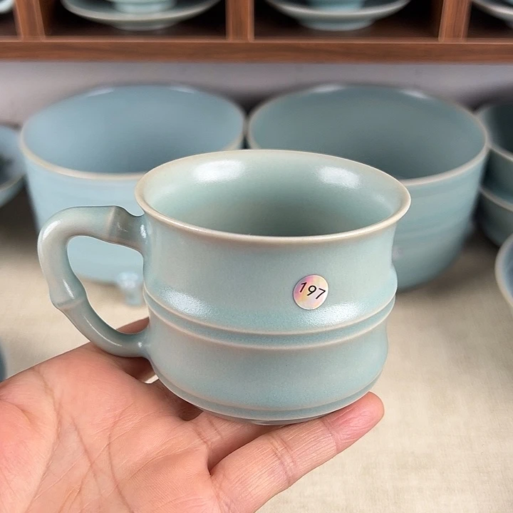 瓷杯子仿古釉把手竹节杯微瑕编号197