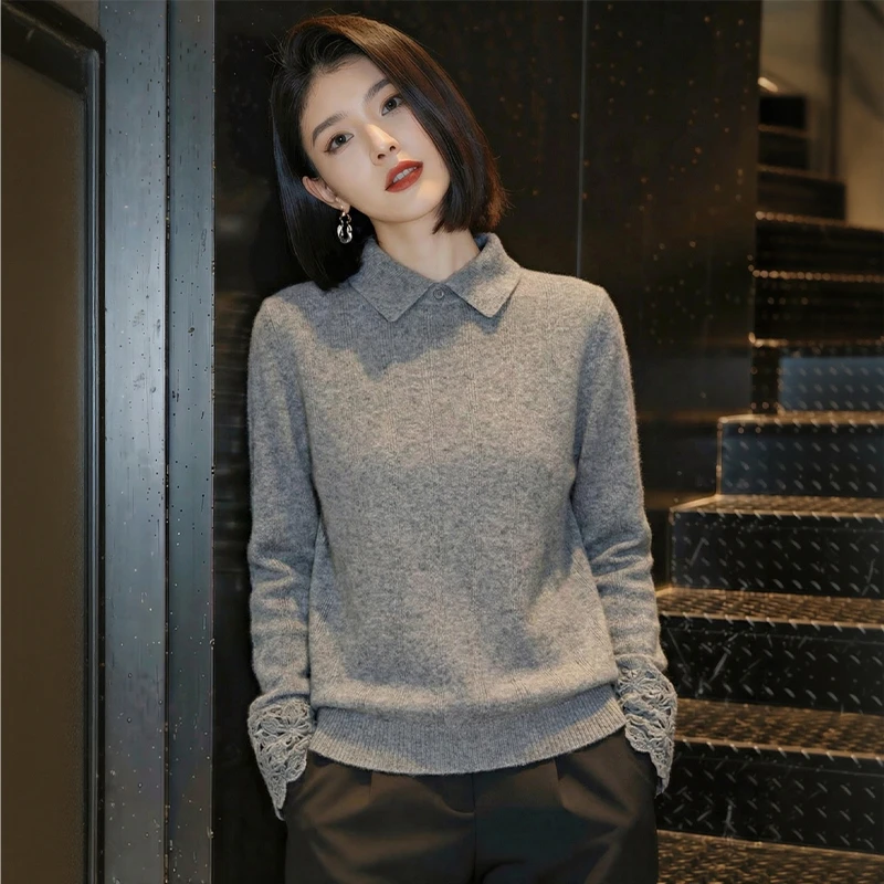 秋冬灰色翻领针织衫女慵懒时尚减龄宽松显瘦袖口蕾丝拼接毛衣上衣