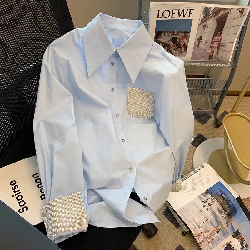 特大码300斤时尚别致拼接烫钻长袖POLO领衬衫男宽松休闲时尚上衣2