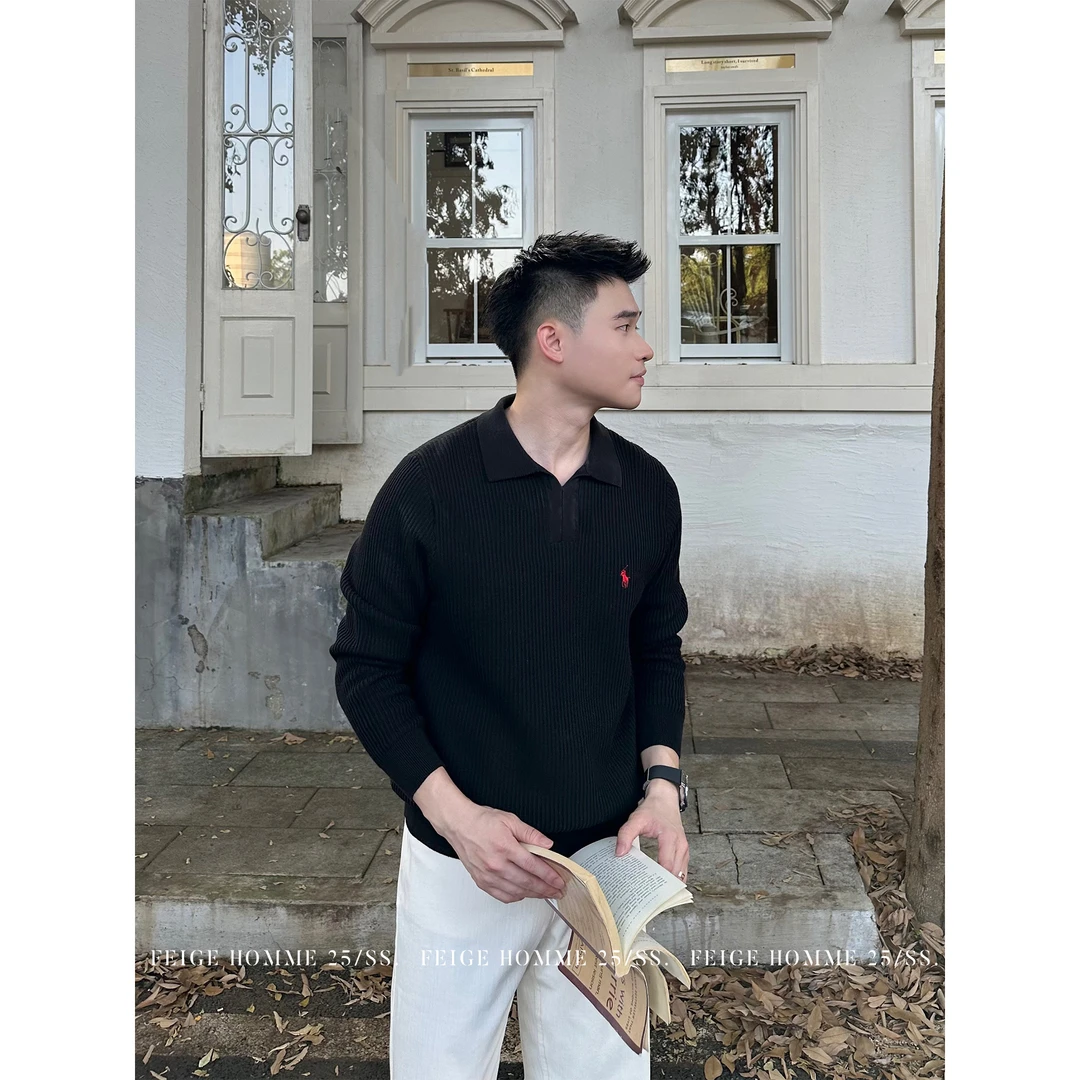 APENG秋 小马标老钱风松弛竖纹纯色翻领海鸥领针织衫POLO衫#8801