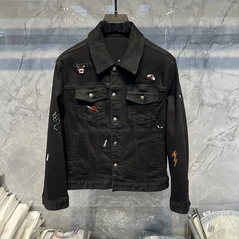 欧货秋季新款男士休闲百搭卡通刺绣翻领牛仔外套修身夹克86701