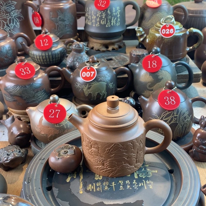 ****财壶红泥坭兴陶手工刻绘古龙窑壶