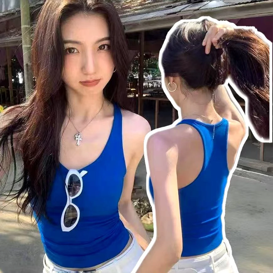 【运补】韩版小众辣妹褶皱美背收腰吊带背心女带胸垫内搭无袖上衣