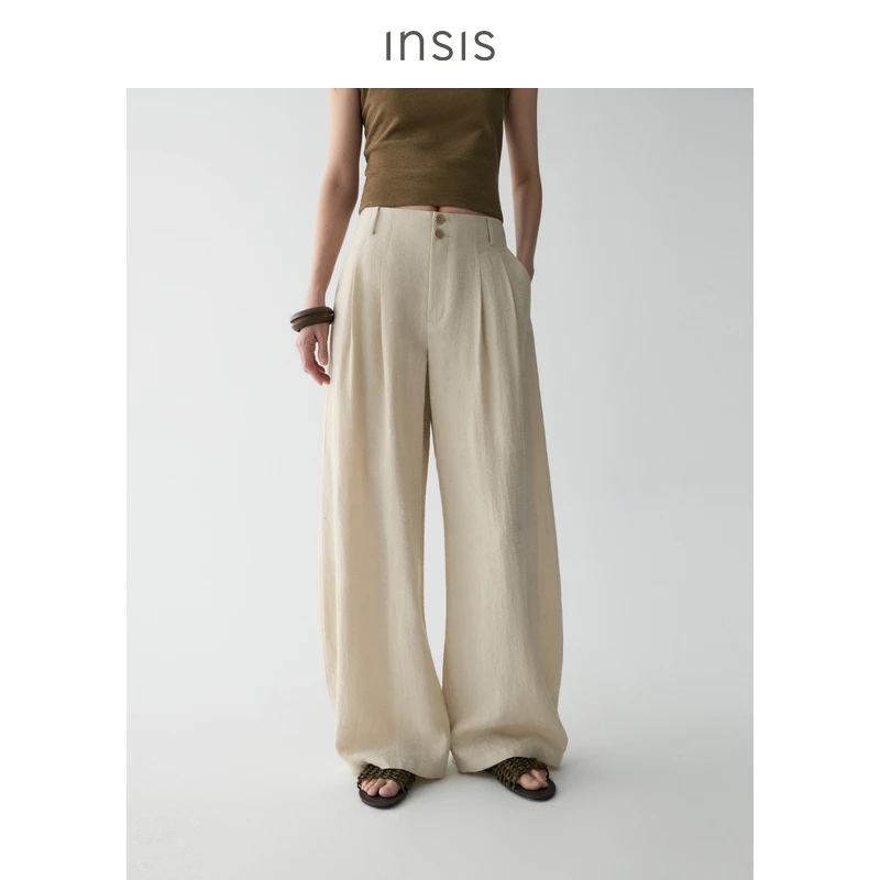 INSISFEMME亚麻透气凉感无腰头双褶弧形裤FN25222214