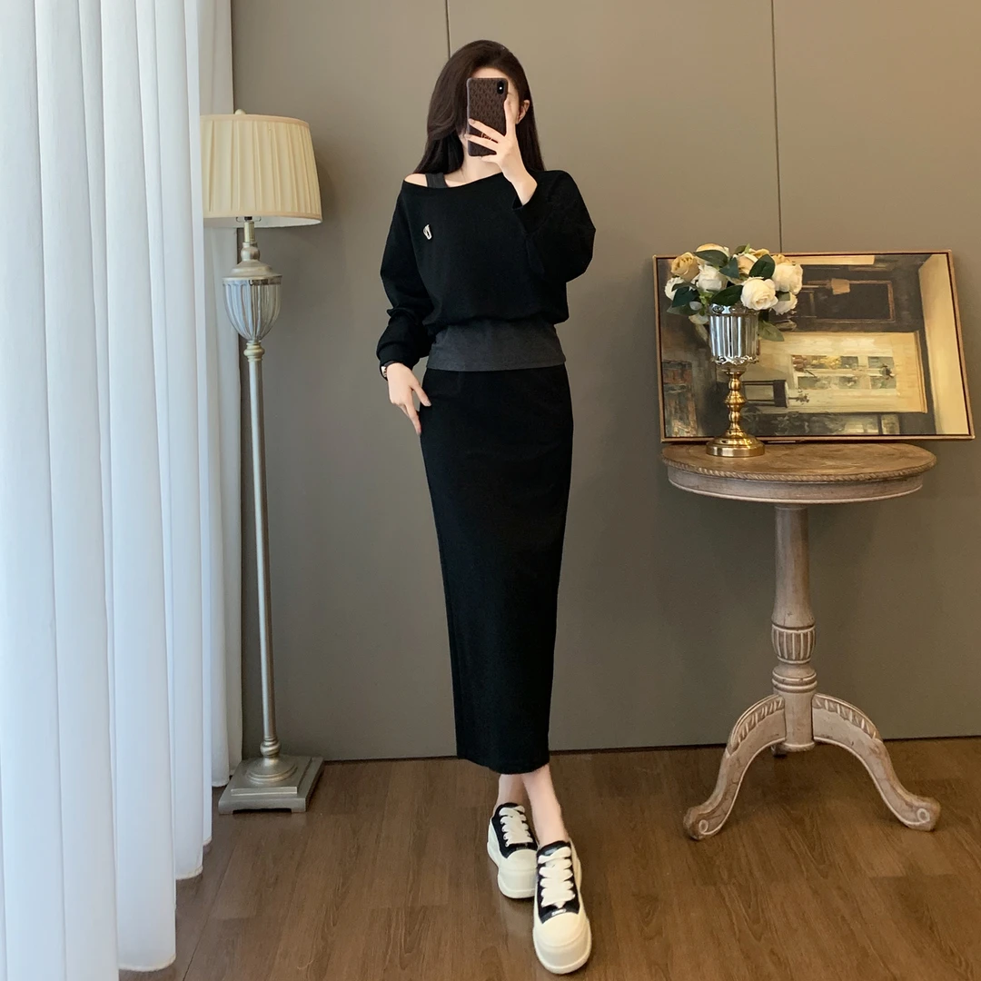 入秋穿搭一整套女装显瘦气质休闲时尚露肩卫衣半身裙子两件套洋气