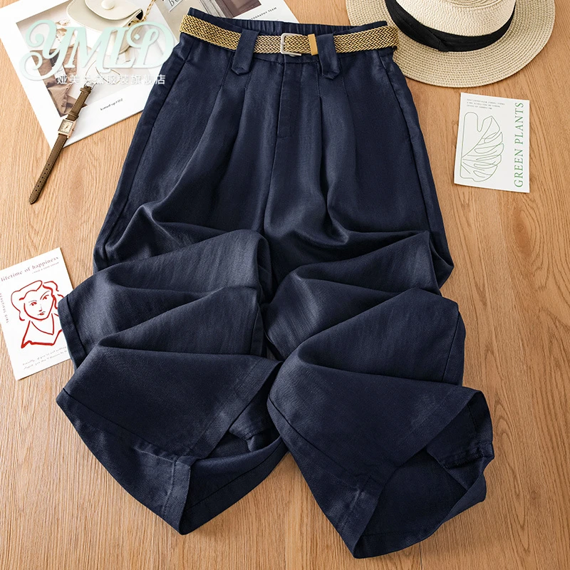 藏青色亚麻阔腿裤女夏季2025新款夏日松弛感神仙裤薄款棉麻直筒裤