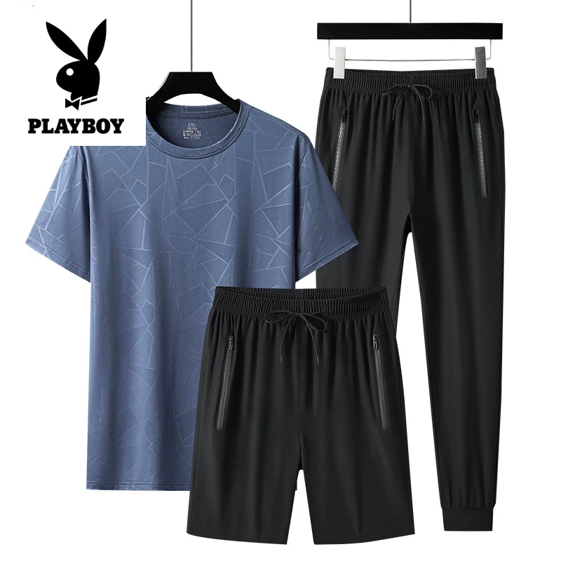 花花公子运动套装男时尚休闲潮流短袖跑步夏季冰丝T恤健身衣服速
