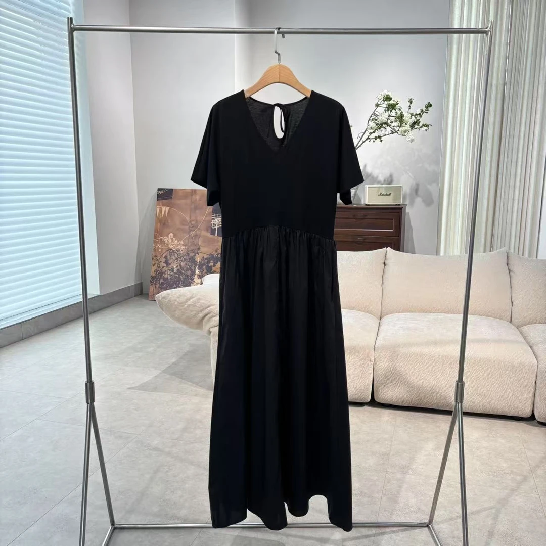 CLYQ4508 意大利客人订单 拼接褶皱后系带连衣裙