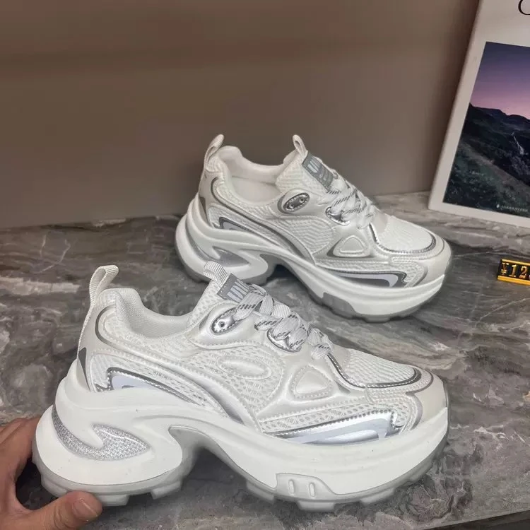 ZH771-厚底复古老爹鞋女2024秋季新款网面透气银色休闲