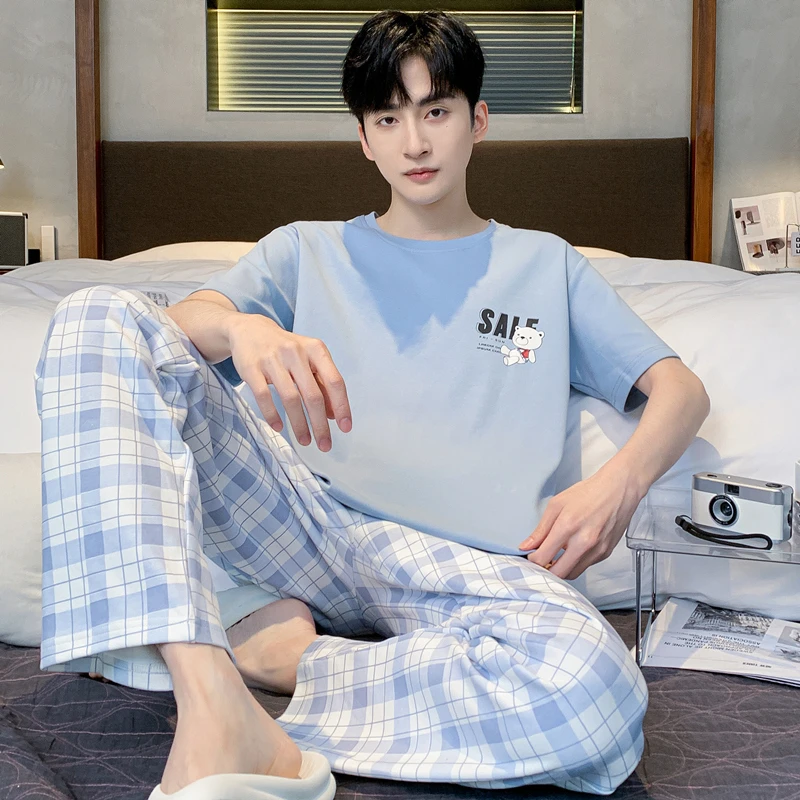 芬腾可安2025年新款男士夏季纯棉短袖长裤睡衣简约舒适家居服成人