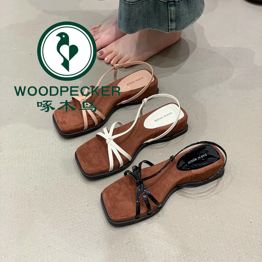 啄木鸟法式坡跟复古气质凉鞋女2025夏外穿新款裸粉配裙子小众厚底