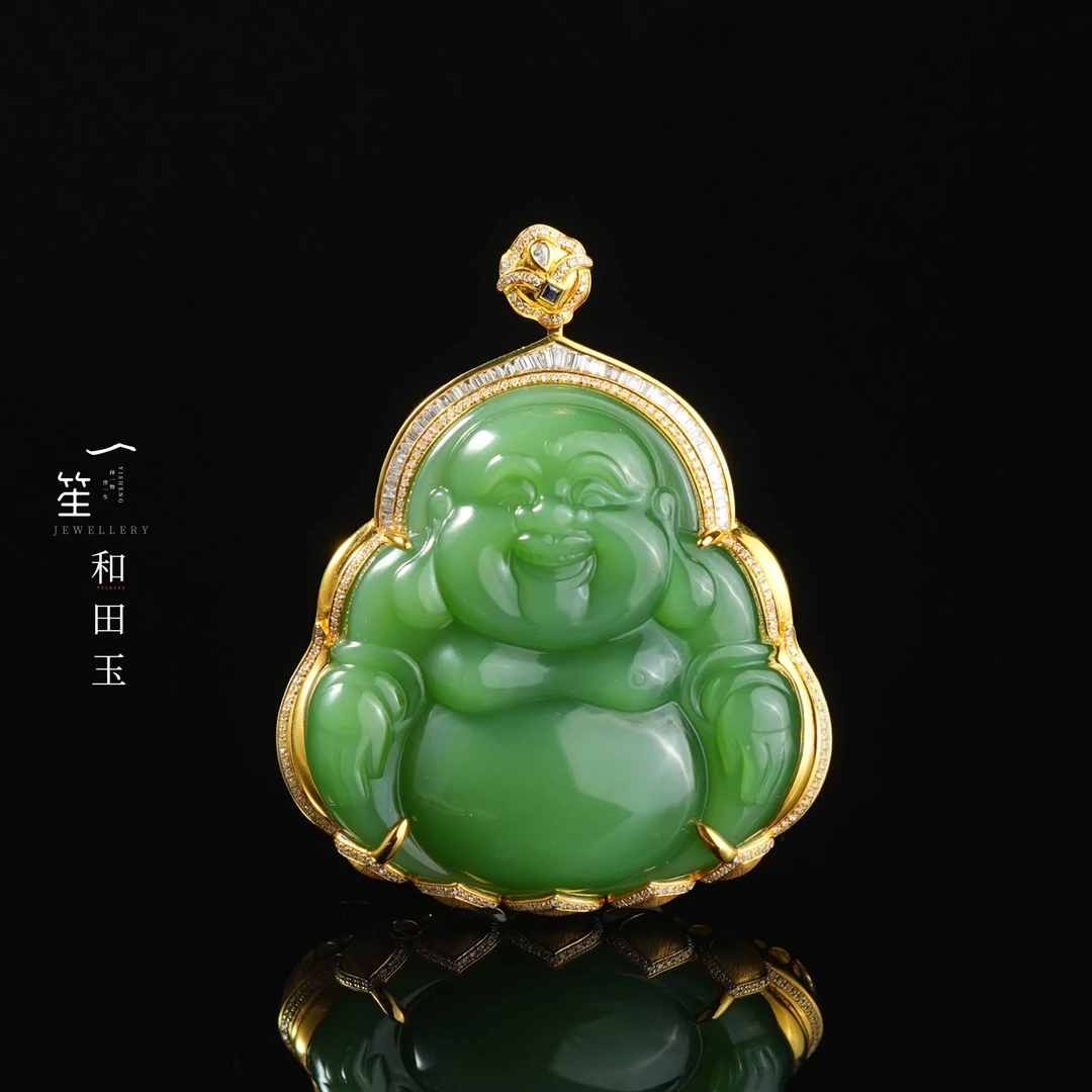 【一笙 · 臻藏】传世级和田玉碧玉粉绿佛公吊坠18k金镶嵌 YS20503