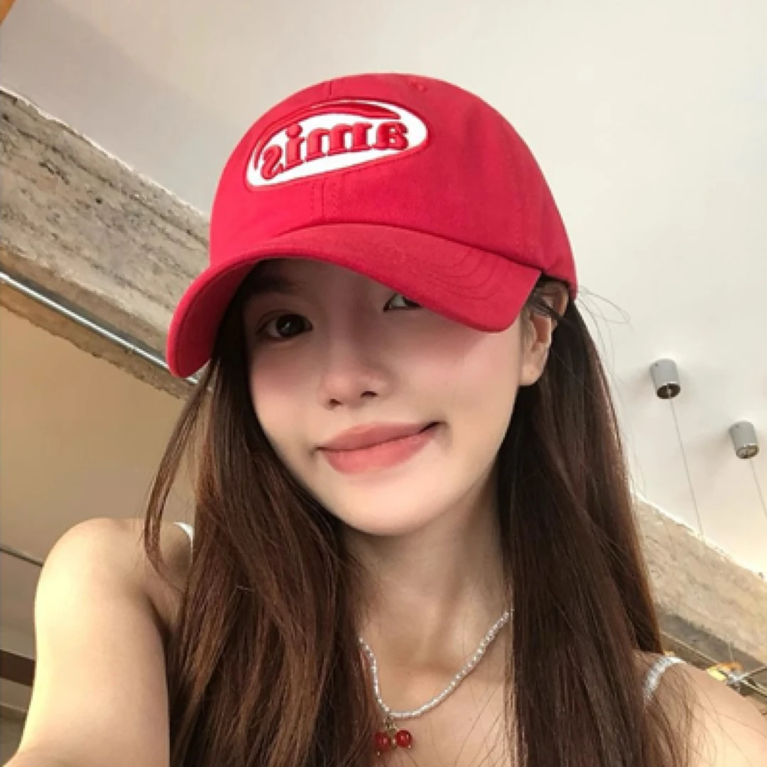 韩国ins红色棒球帽女夏季百搭大头围显脸小软顶帽子潮遮阳鸭舌帽