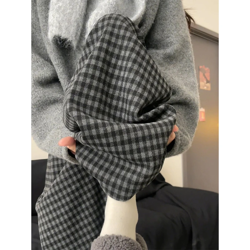 黑灰撞色阔腿慵懒风格子裤女2025秋季大码胖妹妹显瘦垂感休闲裤