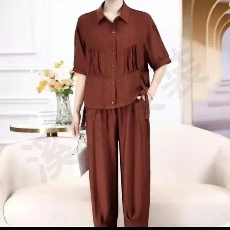 衬衫显瘦夏季时尚百搭外套新款优雅气质咖啡色厚款中老年装套装