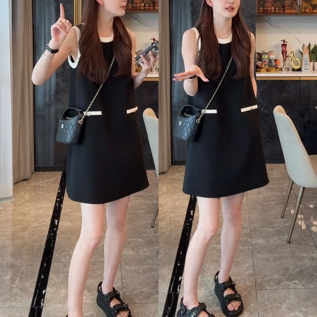 小个子夏季新品减龄宽松显瘦中长裙小香风气质通勤百搭无袖连衣裙