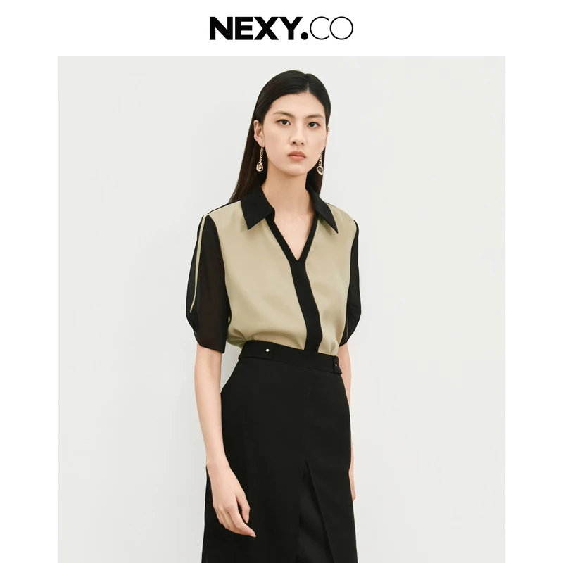 【晨粉专享价】NEXY.CO/奈蔻上衣气质拼色V领衬衫女小众女士