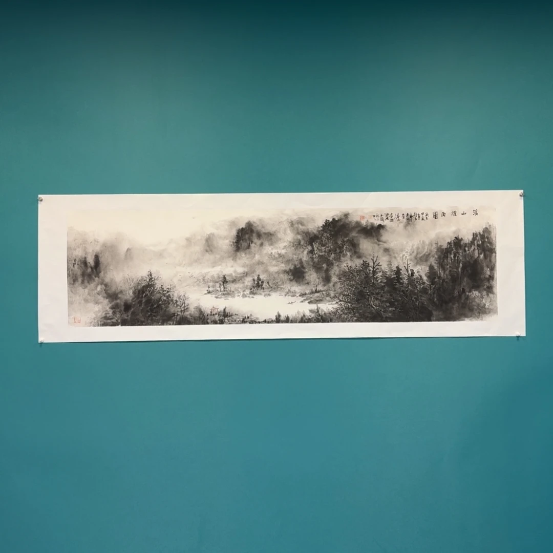 国画顿**年钟杏林六尺对开山水