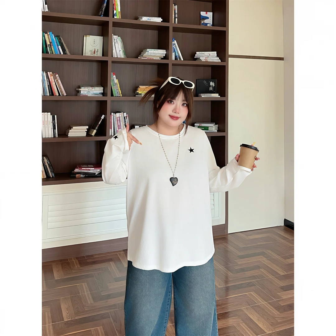 断码捡漏~大码女装秋季简约花契200斤胖mm平纹星星印花T恤4337-C