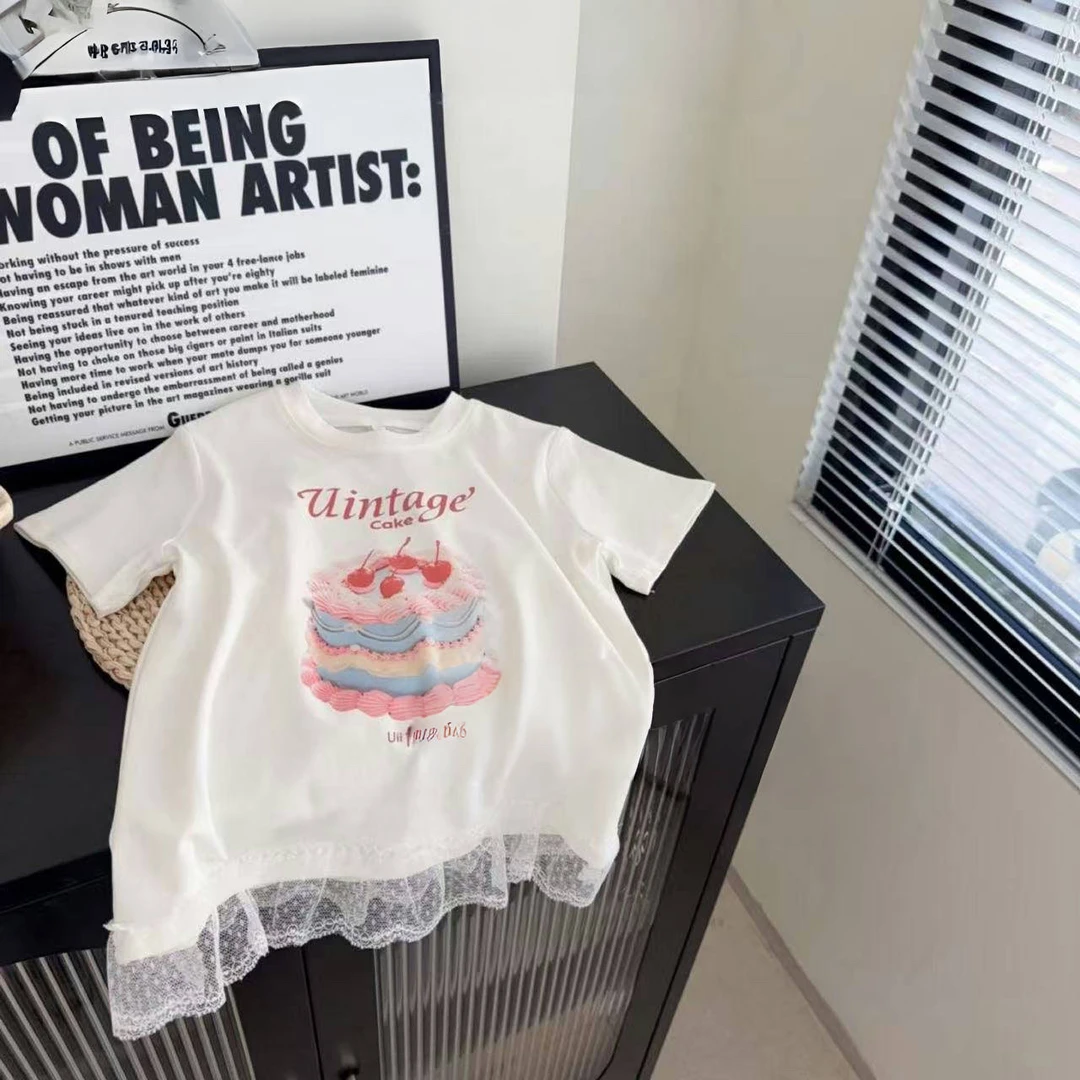 馨艺童品夏季女童下摆蕾丝蛋糕体恤