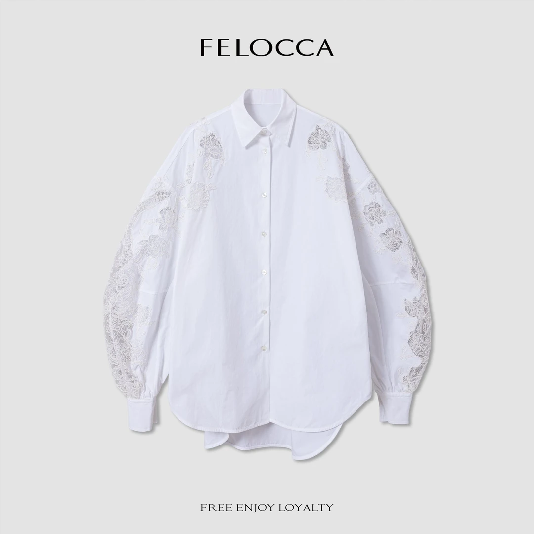 【FELOCCA】设计感刺绣镂空翻领纯色衬衣NYN-4278