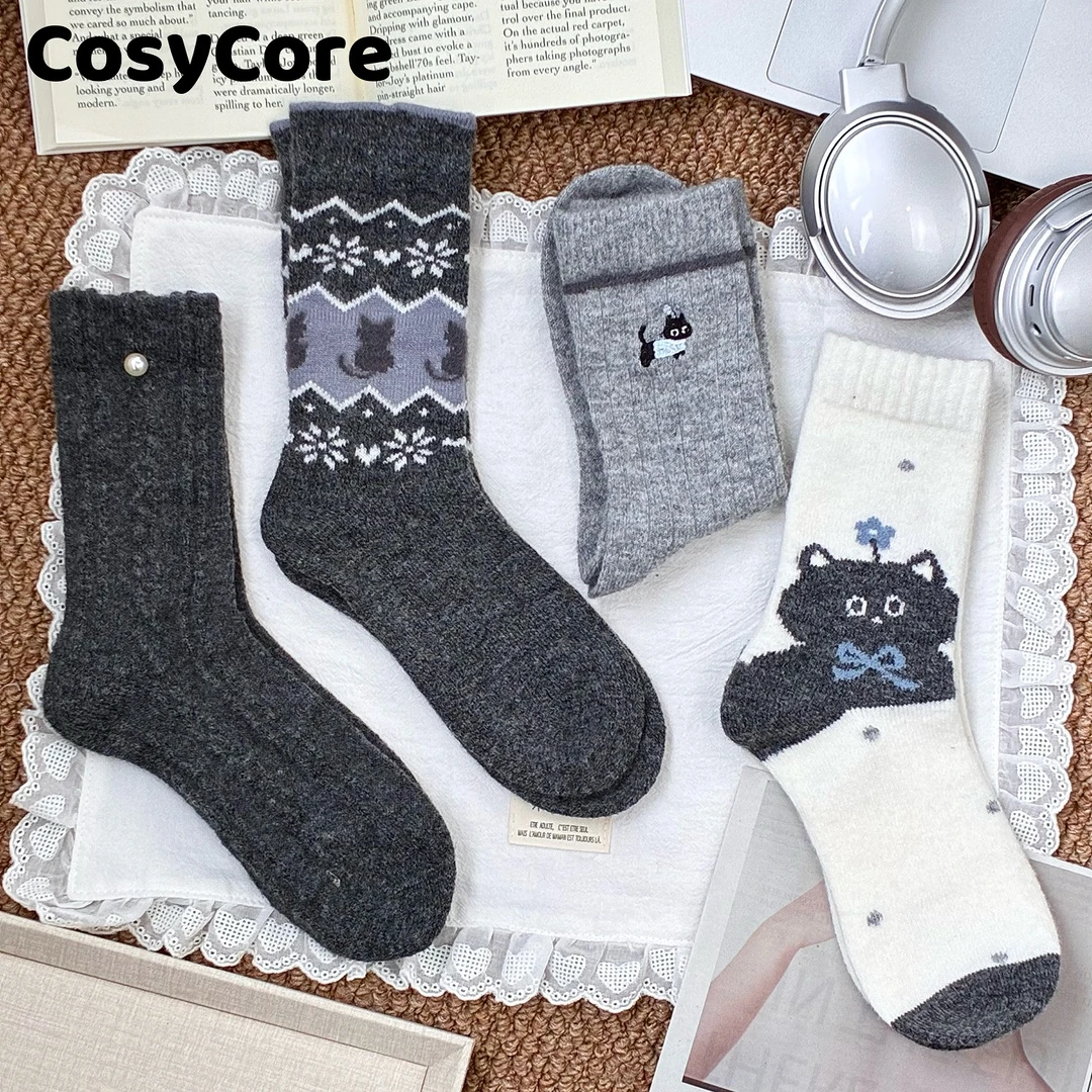 冬天暖呼呼费尔岛小猫结羊毛袜子女中筒袜加绒加厚韩版堆堆袜保温