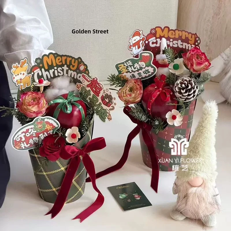 锦衣圣诞节圆形花盒冰淇淋桶平安夜苹果插花盒花艺包装材料