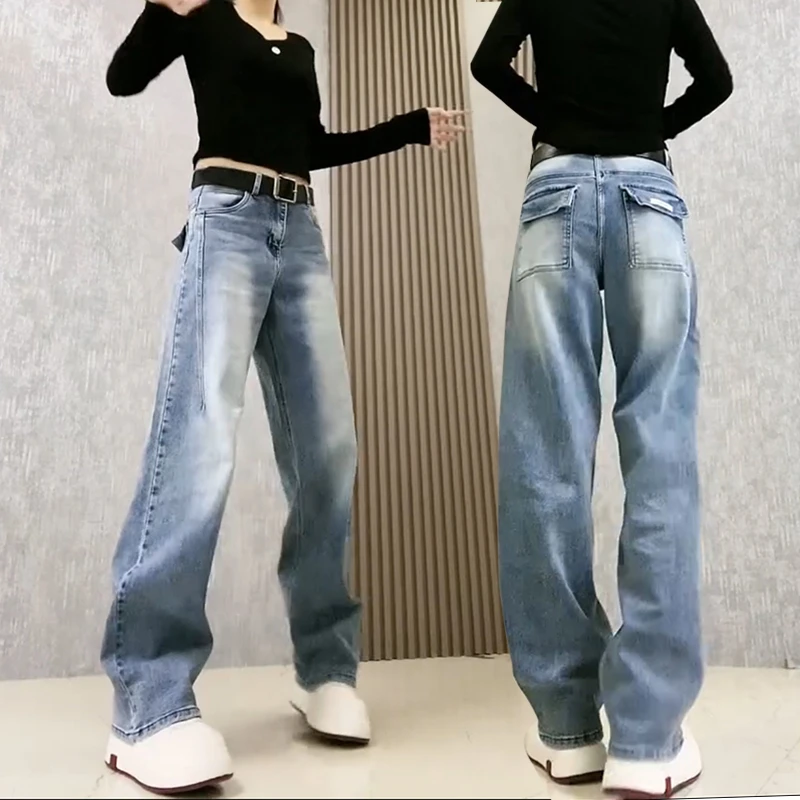 现货秋冬直筒工装牛仔裤女款爆款2025宽松大码微胖显瘦窄版阔腿裤