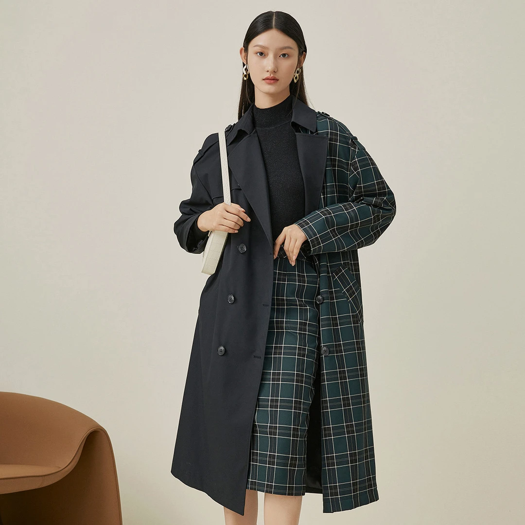 【小余专属】格纹拼接西装领风衣女夏季时尚双排扣腰带设计长款外套