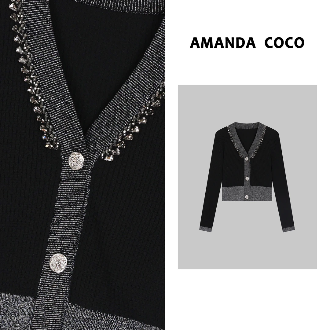 【高奢出口转内销】法式优雅~高定串钻气质显瘦针织上衣27121