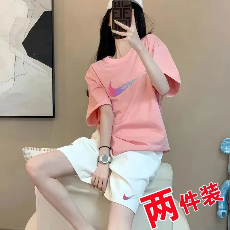 奥特莱斯正品夏季女生休闲套装纯棉短袖T恤短裤搭配两件套EG