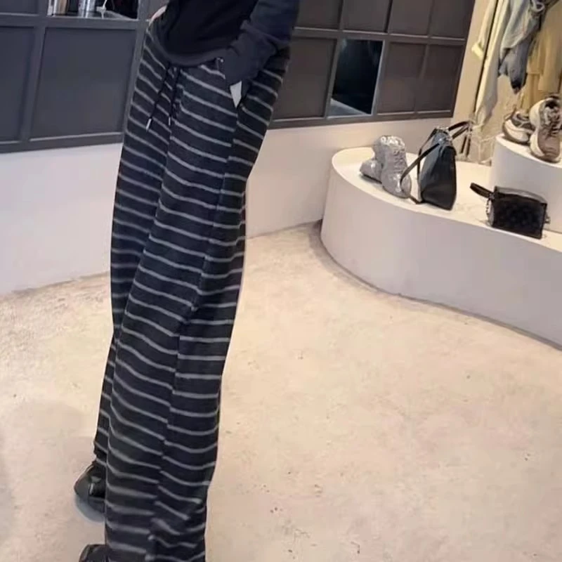 条纹休闲裤女2025早春款韩版时尚高腰撞色百搭抽绳慵懒风直筒长裤