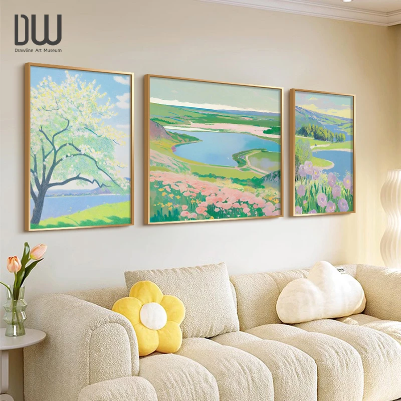 奶油风客厅装饰画春日风景沙发背景墙挂画小清新治愈系艺术三联画