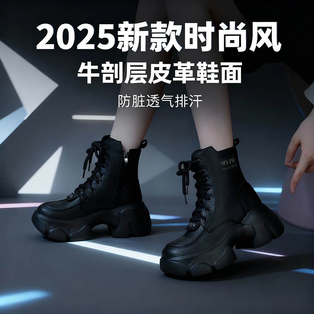 真皮厚底马丁靴女2025年新款秋冬时尚棉靴小个子增高轻便加绒短靴