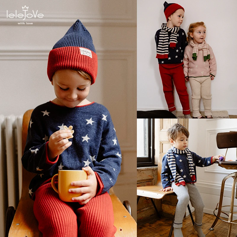 lelejove北欧风有机棉提花针织衫秋冬新款儿童圆领撞色套4AT3A673