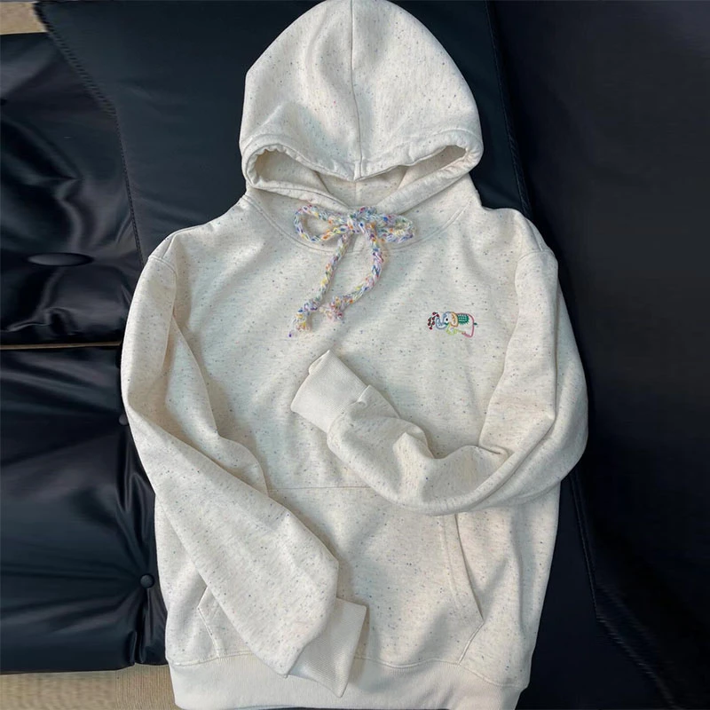 小个子连帽卫衣女秋冬季设计感彩点小象刺绣宽松加绒加厚外套上衣