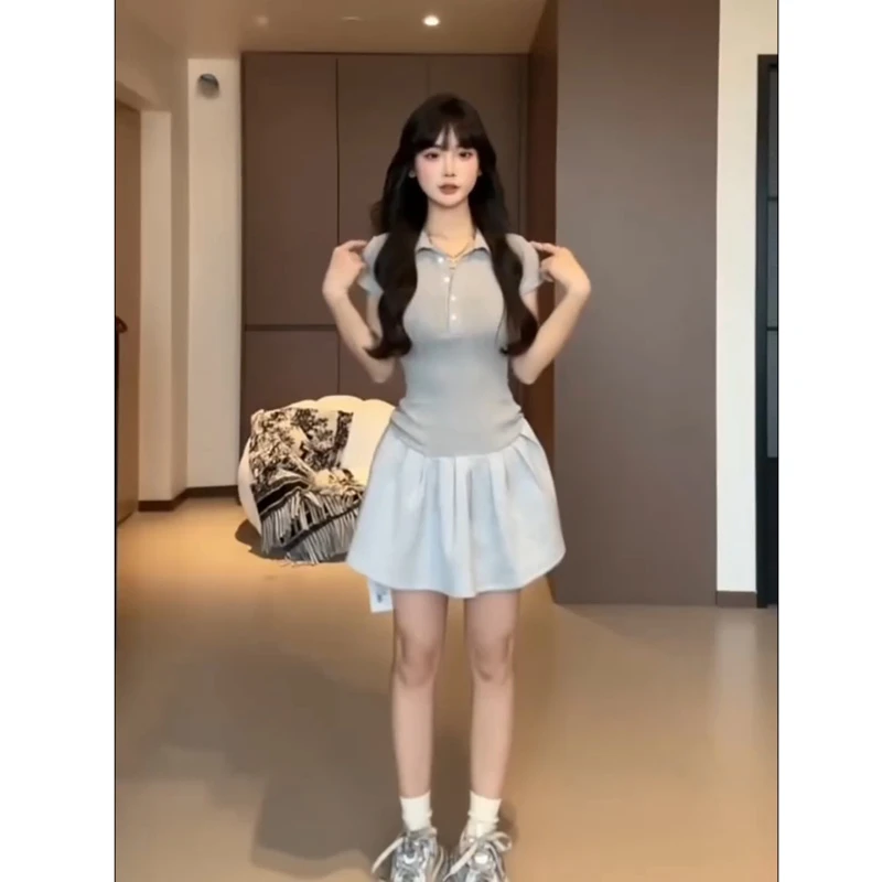 2025春季新款美式校园风polo领拼短袖连衣裙女新款拼接百搭短裙子