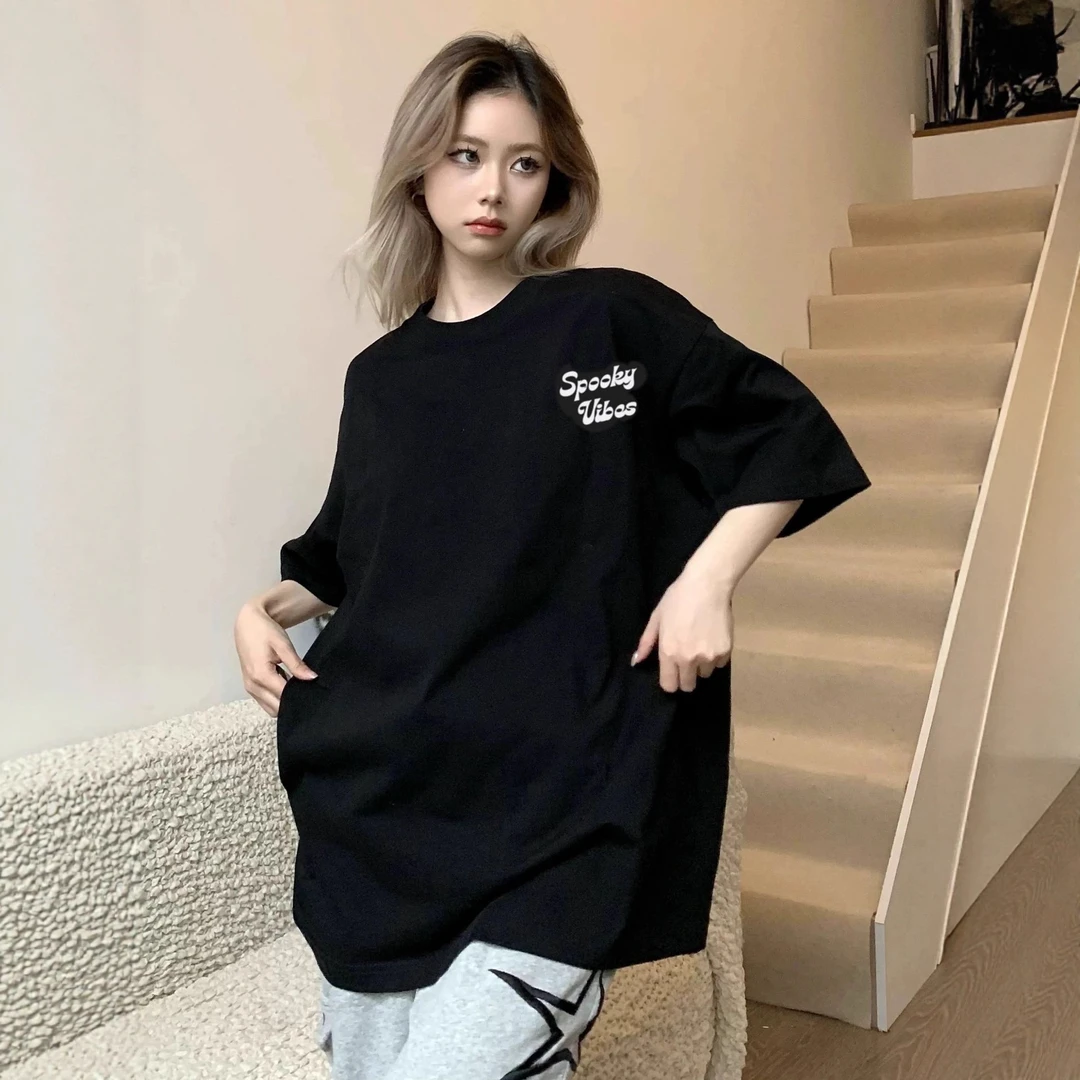 Spooky Vibes国潮简约字母情侣短袖T恤女夏季嘻哈活力宽松上衣