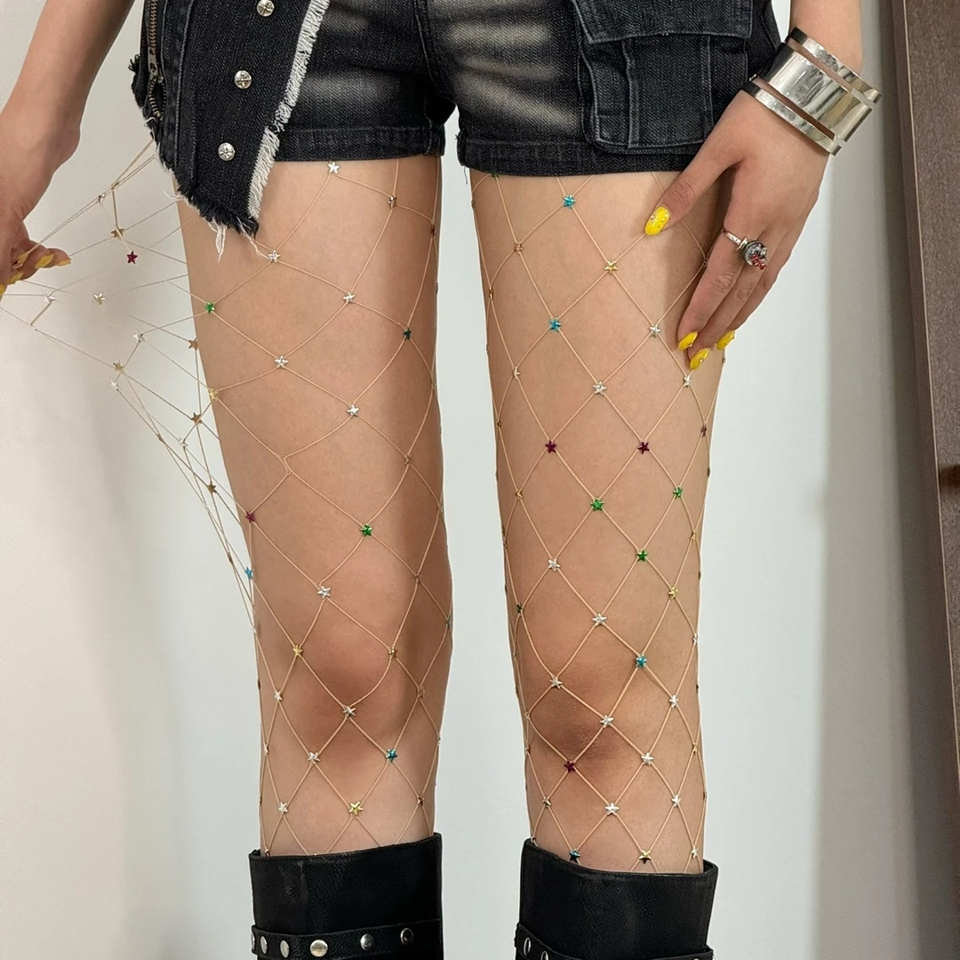 古早辣妹彩色星星网袜日系涩谷少女y2k热辣长筒袜个性长筒丝袜女