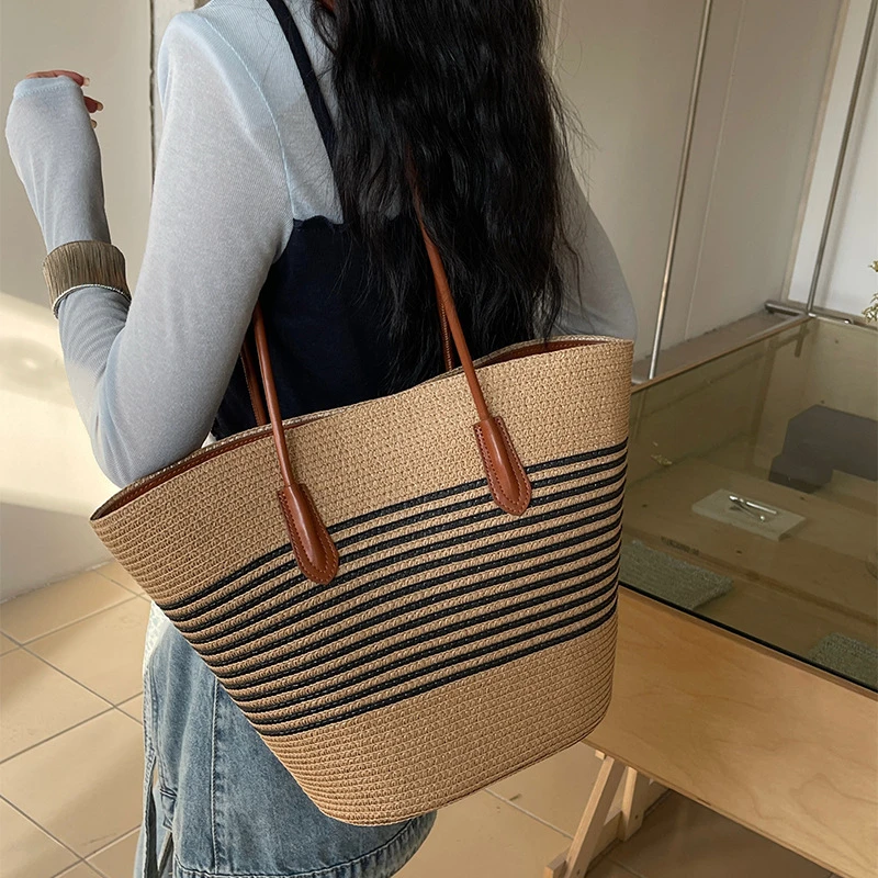 复古拉菲草拼接牛皮编织包大包女大容量托特包手提菜篮子包草编包