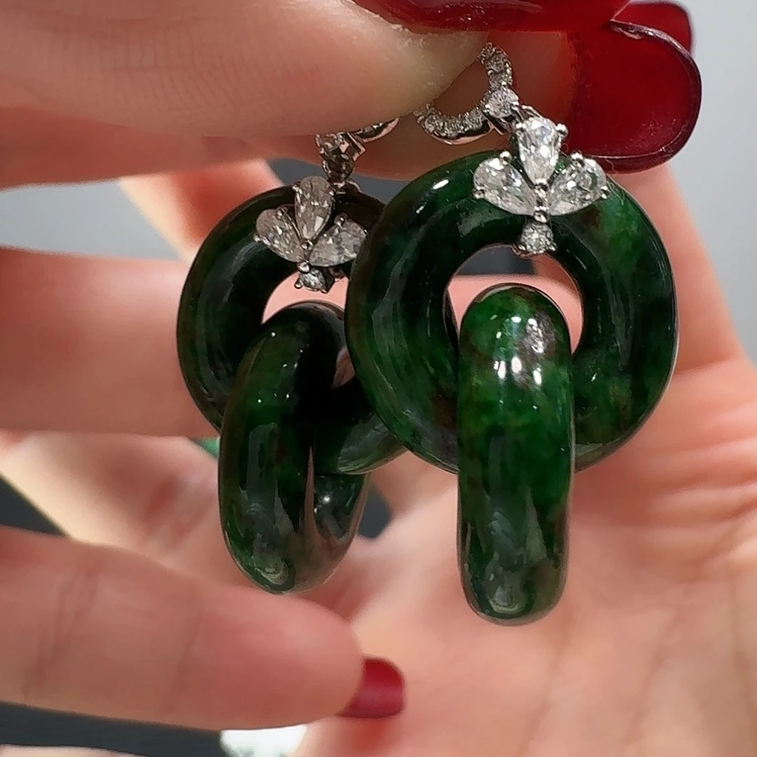 翡翠耳饰18K金镶嵌不带耳扣发