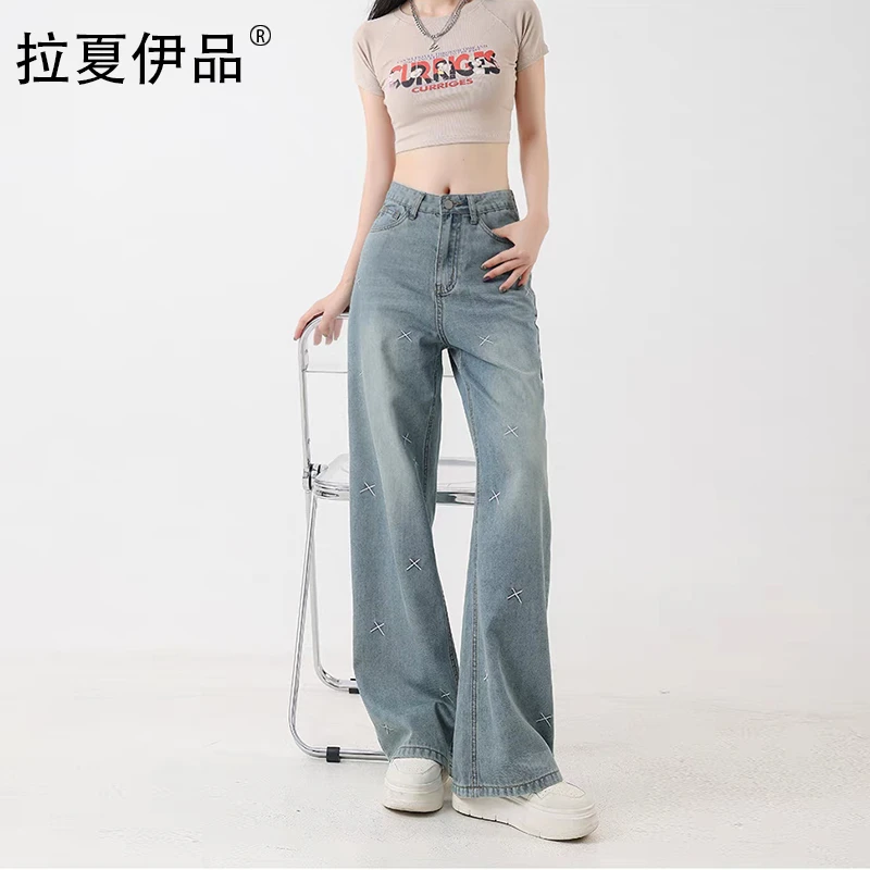 早秋新款大码刺绣牛仔裤女高腰宽松显瘦遮肉阔腿直筒大码女装胖mm